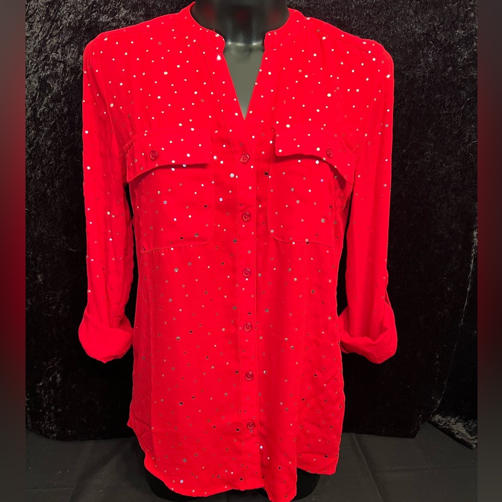 Coral Bay NWT Women’s Holiday Red Blouse with Silver Polka Dots. Size S.  H
